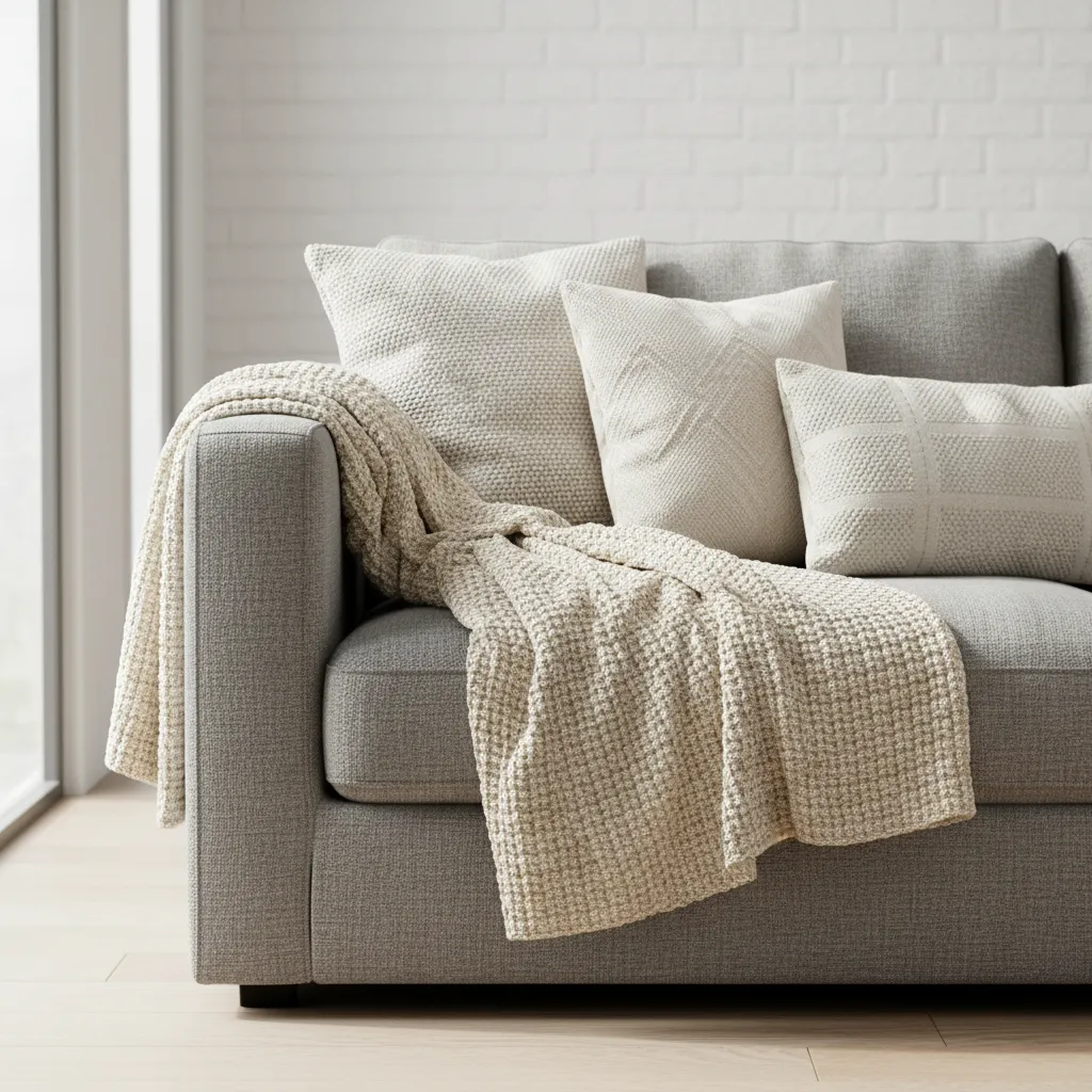 Grey sofa styled with boucle pillows and wool blanket