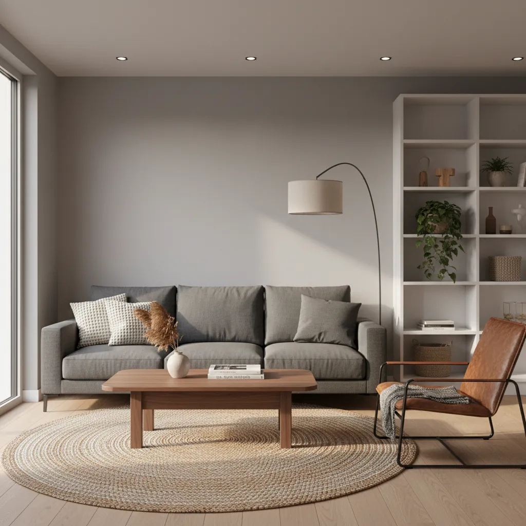 Grey sofa paired with walnut coffee table and warm natural materials
