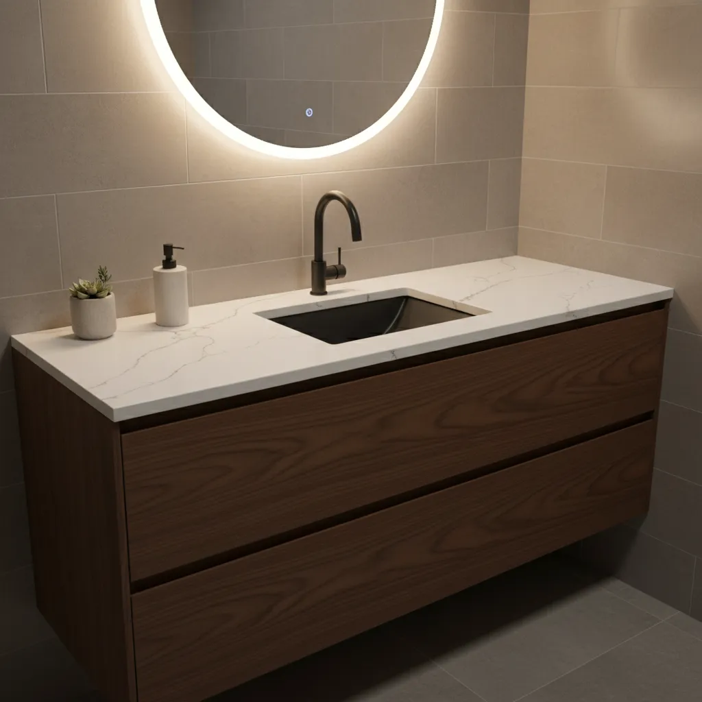 Quartz countertop with wood vanity in grey and tan bathroom