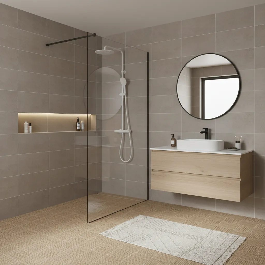Grey porcelain wall tiles paired with tan floor tiles in modern bathroom