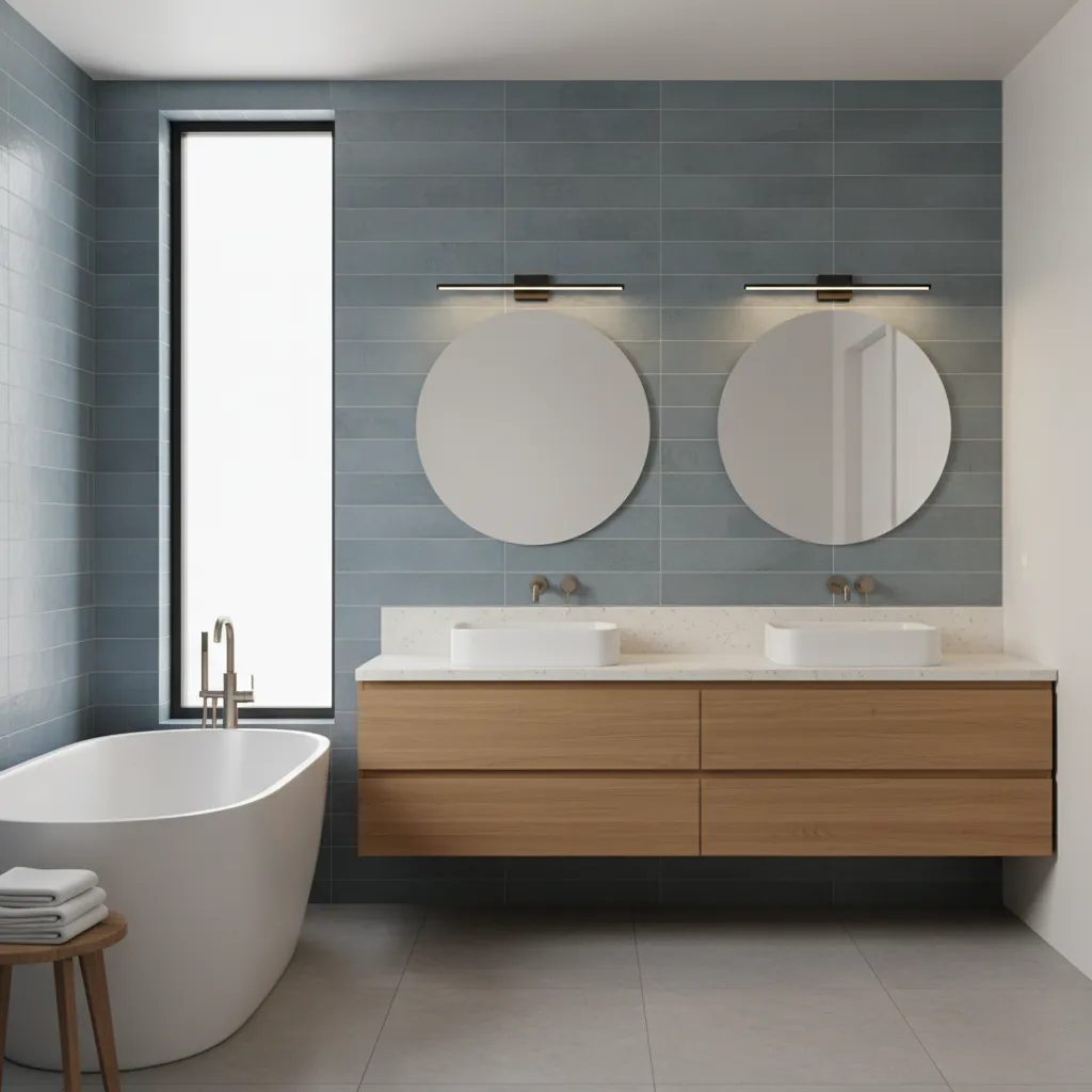 bathroom showing mismatch between cool grey tile and warm tan cabinet