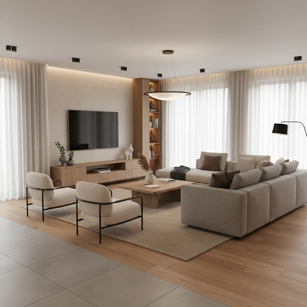 grey tile living room combined with wood furniture and warm lighting