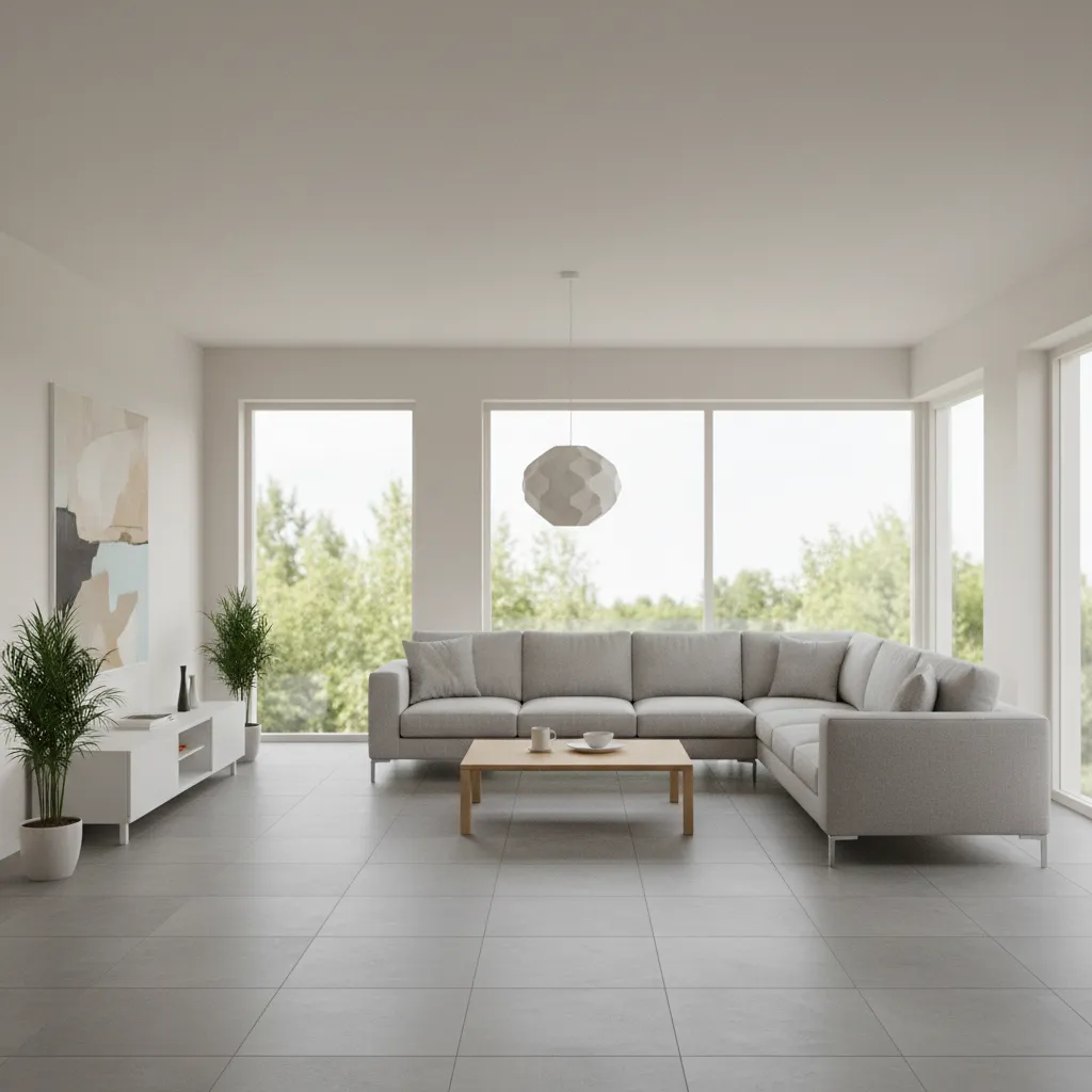 Modern living room interior with grey tile flooring and minimalist furniture