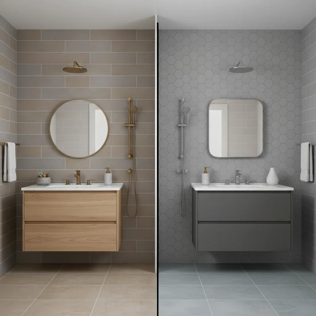 Comparison of warm grey and cool grey bathroom tiles with accessories