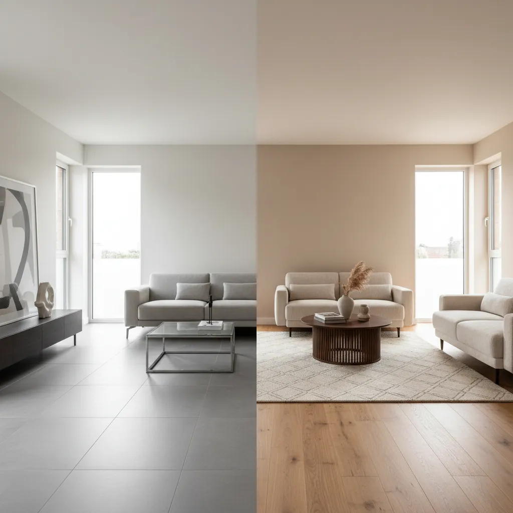 Grey Tile vs Wooden Flooring in Living Rooms
