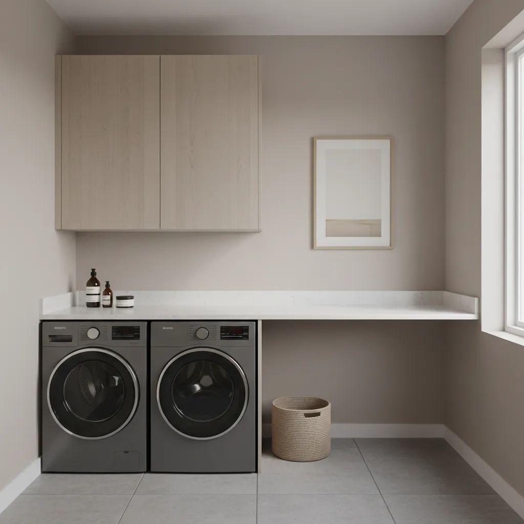 Minimal modern laundry room with grey washer and dryer and light wood cabinetry