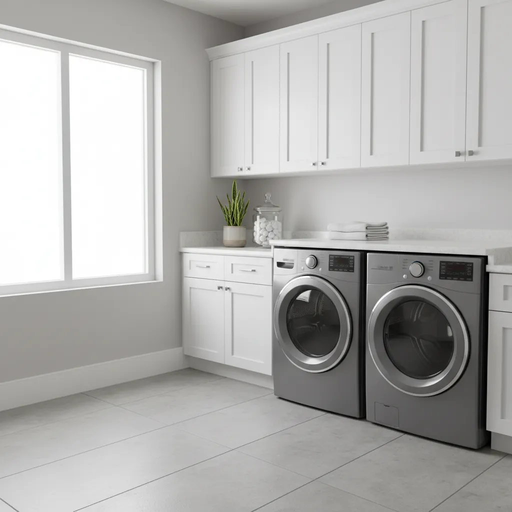 modern laundry room with grey washer and dryer and white cabinets