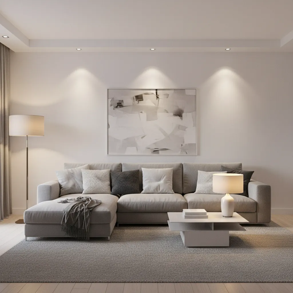grey and white living room with layered lighting from floor lamp and ceiling lights
