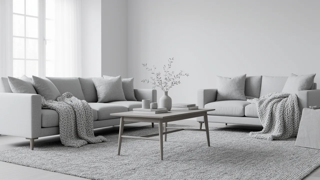 grey and white living room with textured rug and layered fabrics