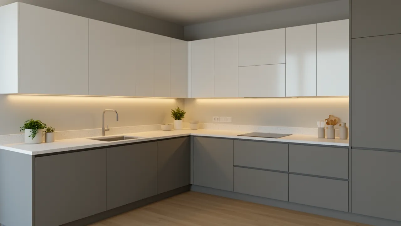 Grey and white two colour kitchen mica cabinet layout
