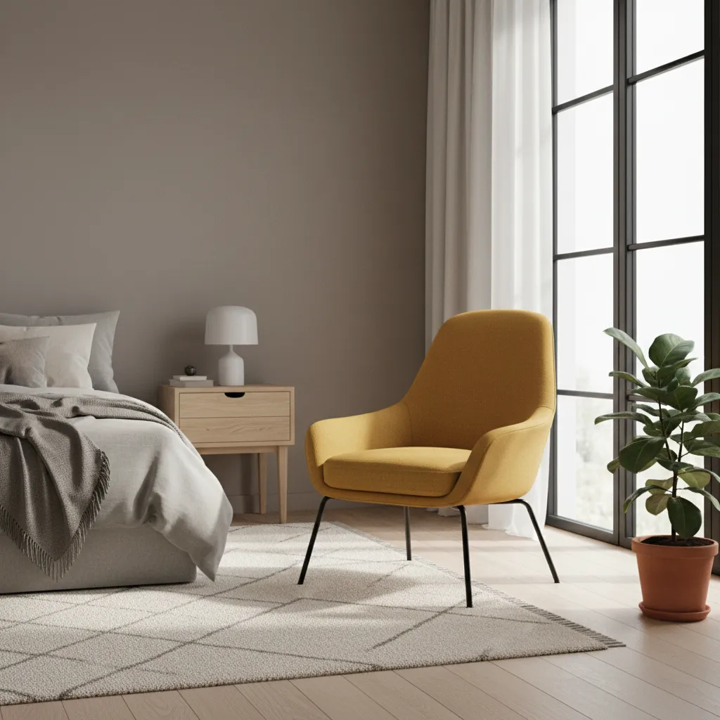 Mustard yellow accent chair in modern grey bedroom interior