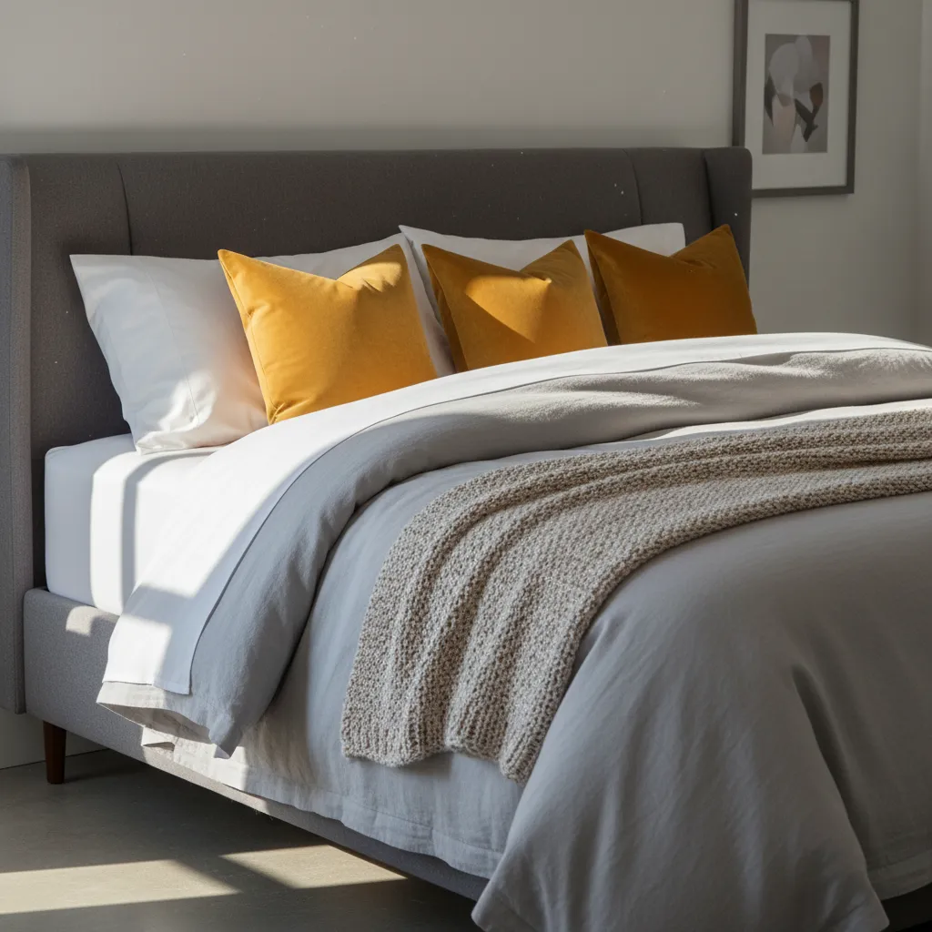 Layered grey bedding with yellow accent pillows on upholstered bed