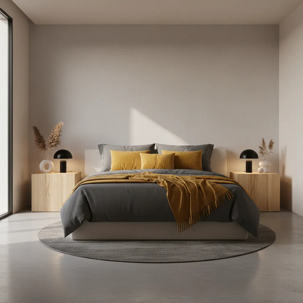 Bedroom interior showing balanced grey and yellow palette with furniture layout