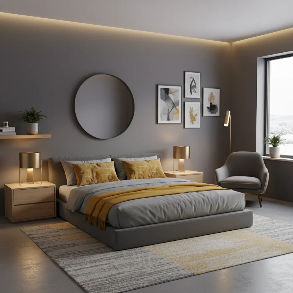 bedroom design demonstrating grey and yellow color ratio balance