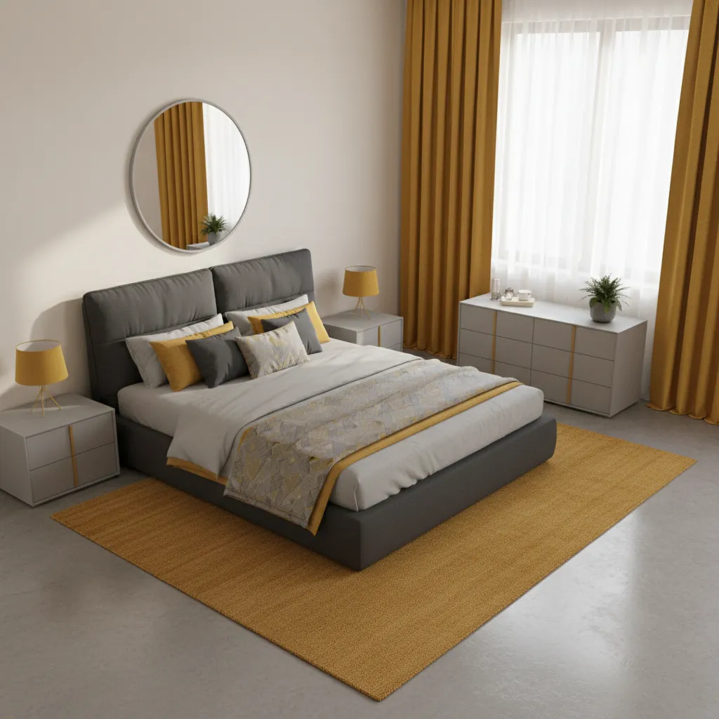Bedroom layout showing balanced placement of grey and yellow decor