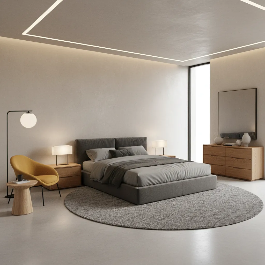 Modern bedroom layout featuring grey furniture and yellow decor accents