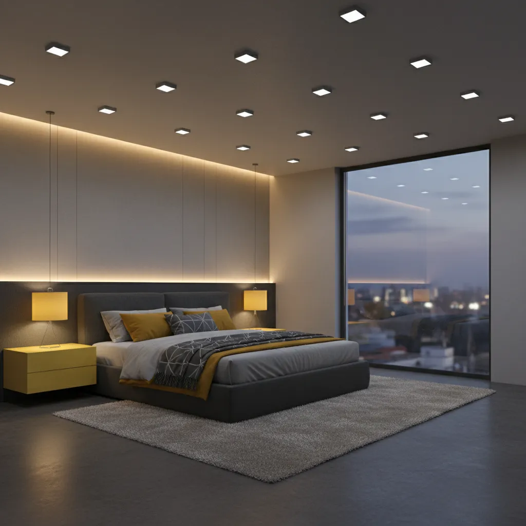 Grey yellow bedroom with layered ceiling, bedside, and accent lighting