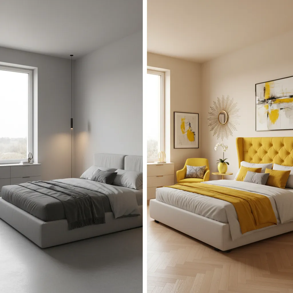 comparison of calm grey bedroom and energetic yellow bedroom mood
