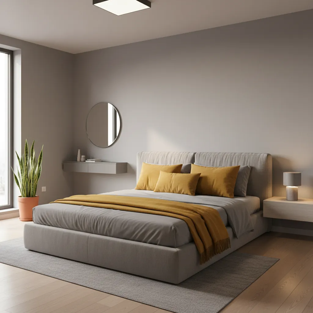 Stylish grey and yellow bedroom with modern furniture and soft lighting