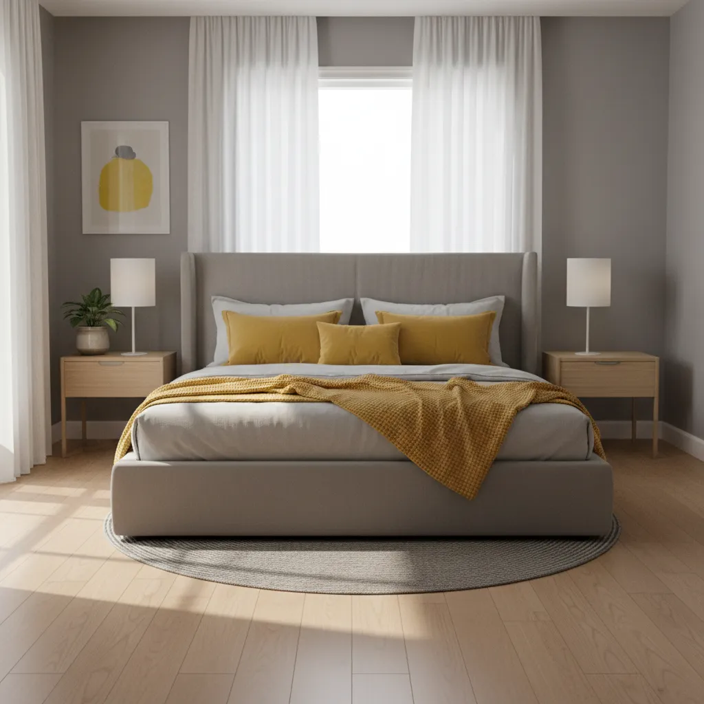 Grey and yellow bedroom interior with neutral furniture and accent pillows