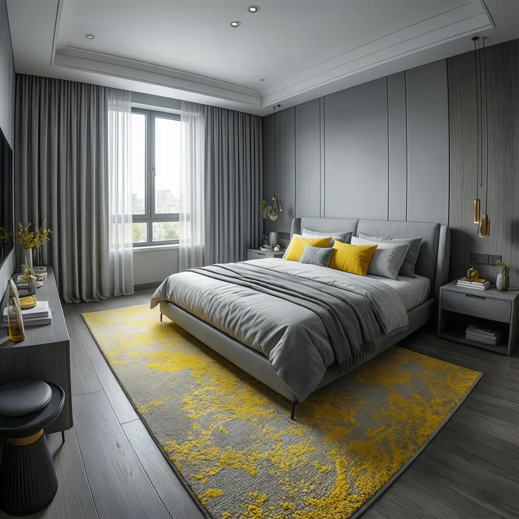 Grey bedroom with yellow accents, area rug and curtains creating depth