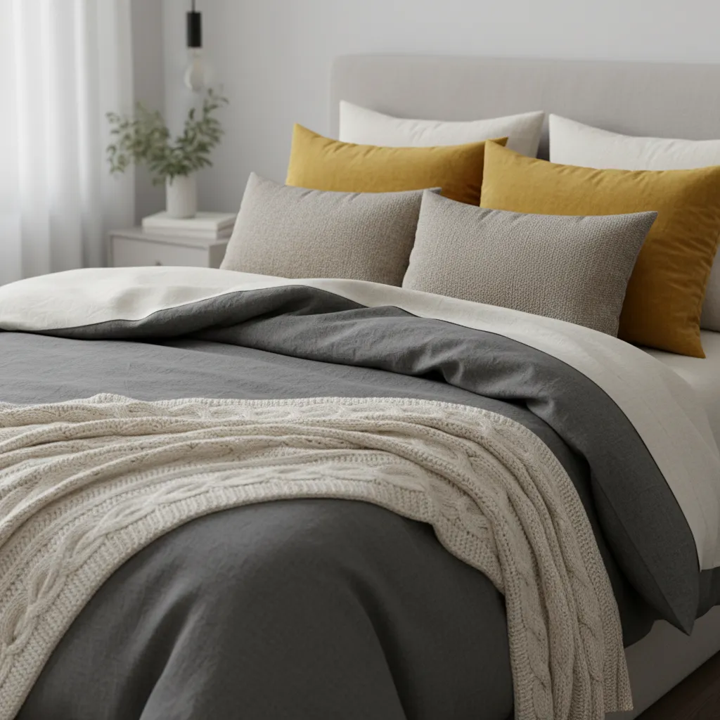 Layered bedding textures with grey duvet and yellow pillows
