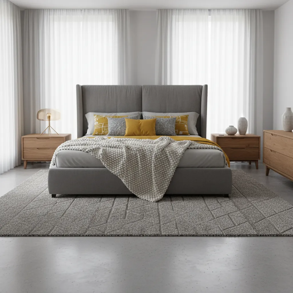 Grey and yellow bedroom showing layered textures including rug bedding and cushions