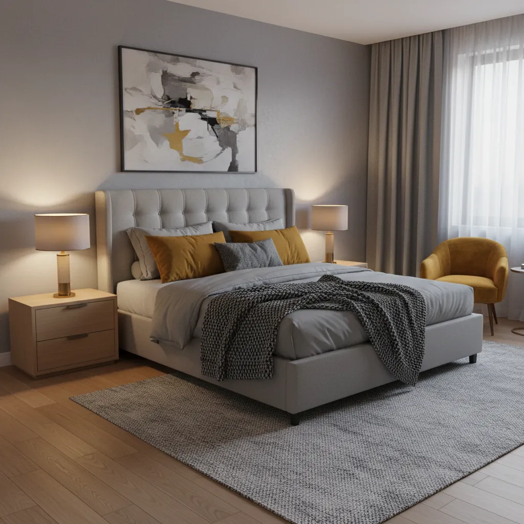 Grey and yellow bedroom illuminated by warm bedside lamps