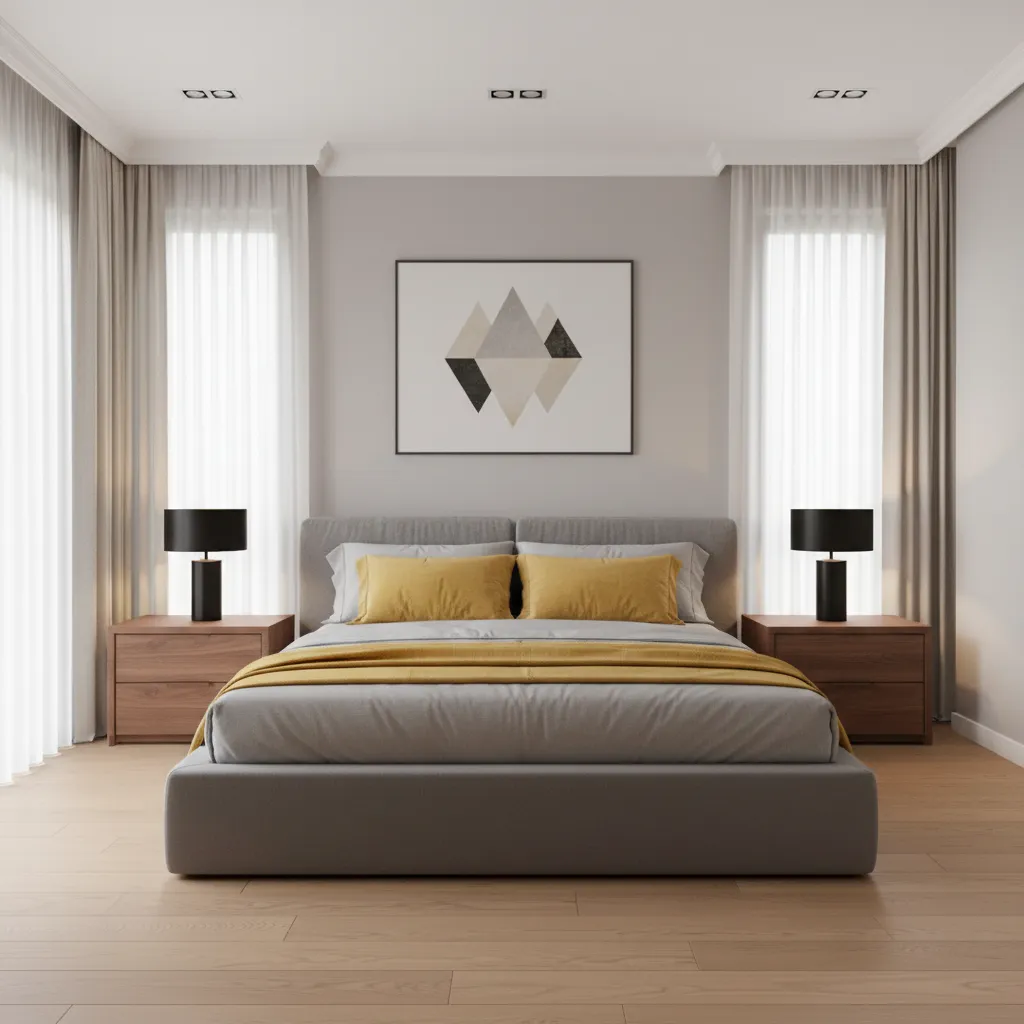 Bedroom with wood nightstands and grey furniture in grey yellow palette