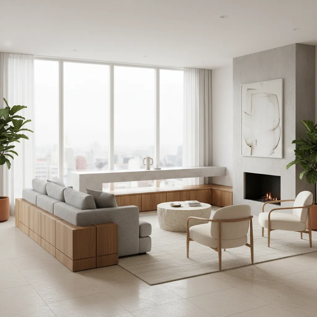 hybrid interior layout combining grid aligned furniture with relaxed accent seating