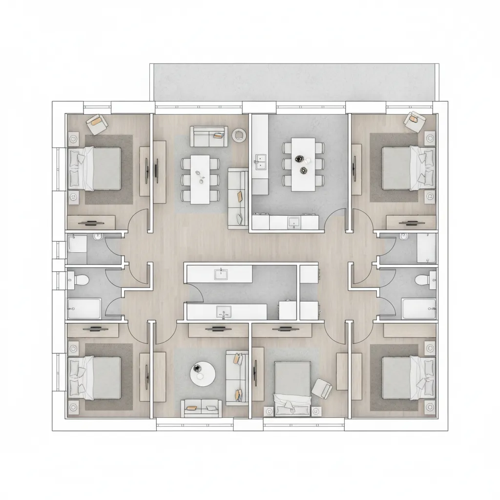 Modern residential grid-based floor plan with rectangular rooms