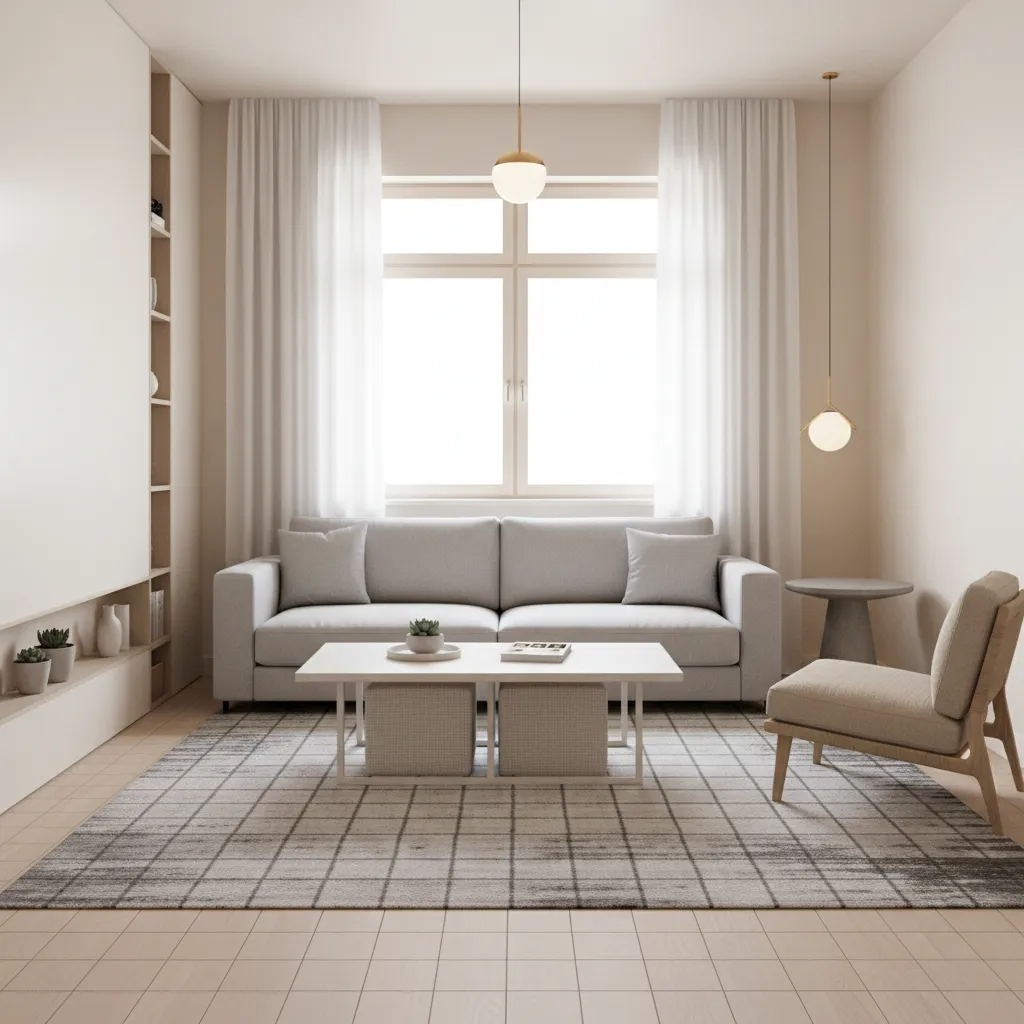 compact living room optimized using grid aligned furniture placement