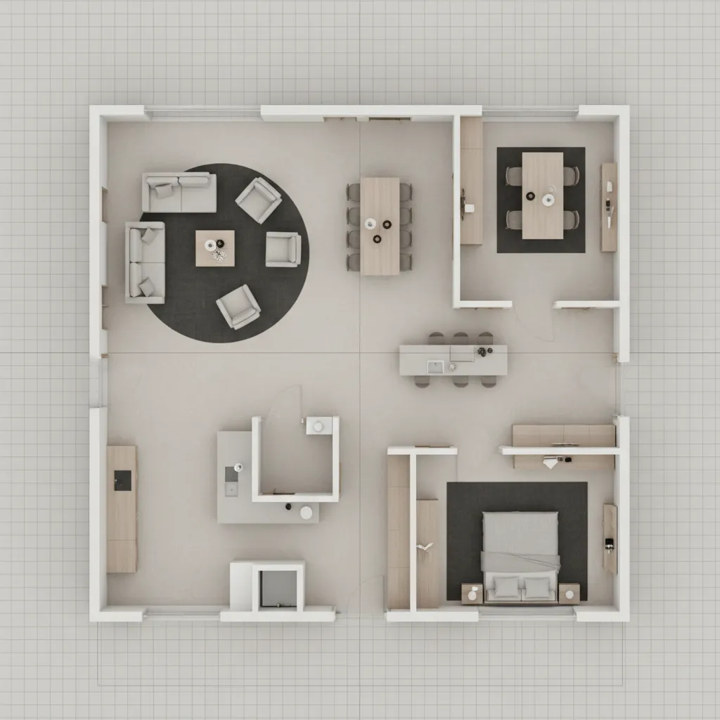 Room planning layout showing circulation paths aligned with grid
