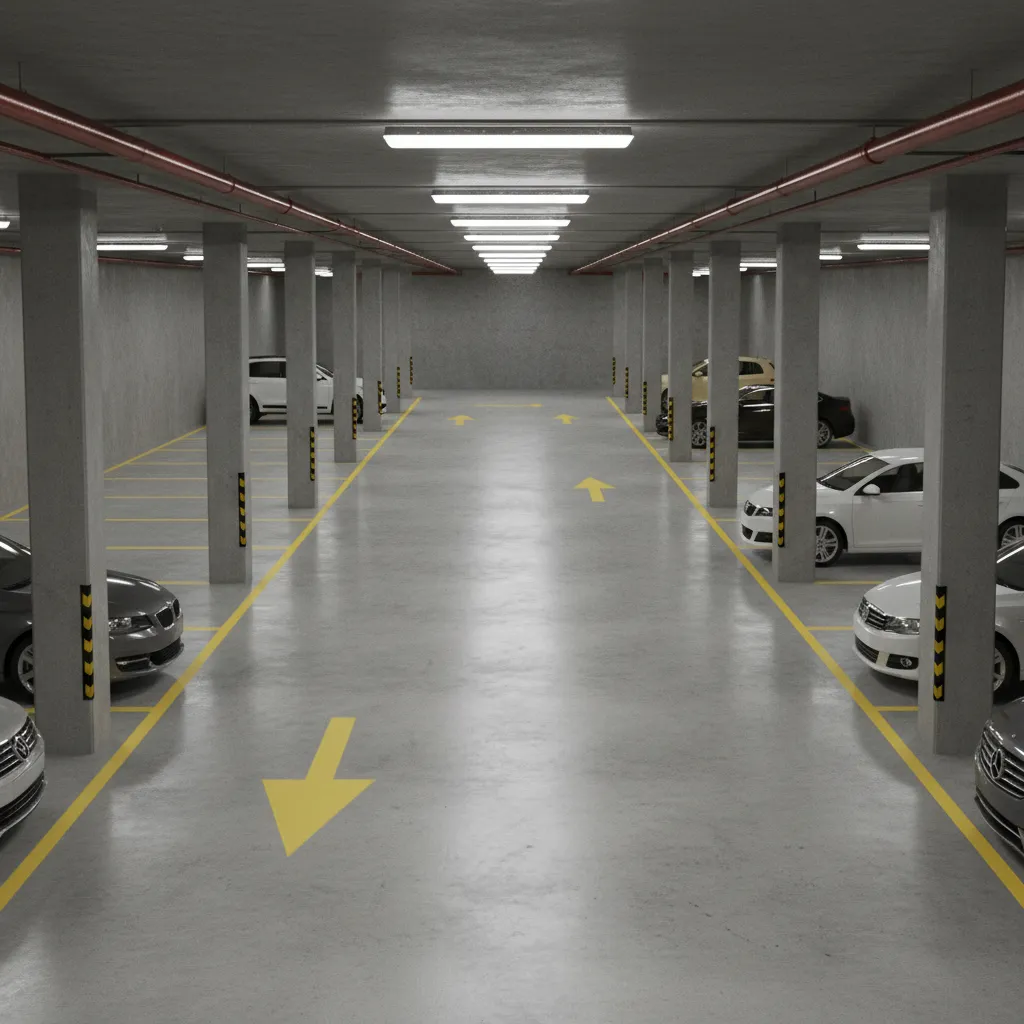 perpendicular grid parking layout with double loaded aisles in underground garage