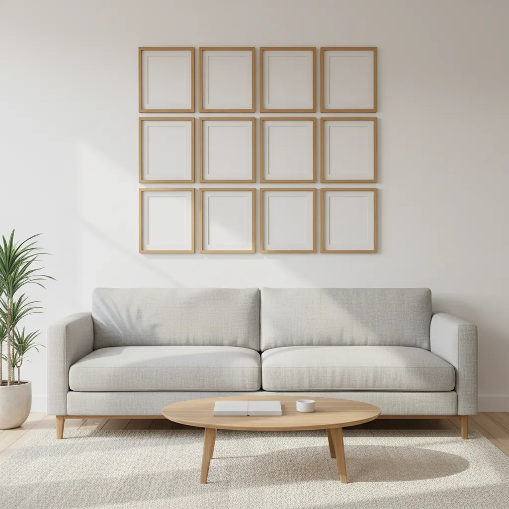 symmetrical grid layout of empty frames arranged evenly on a white living room wall