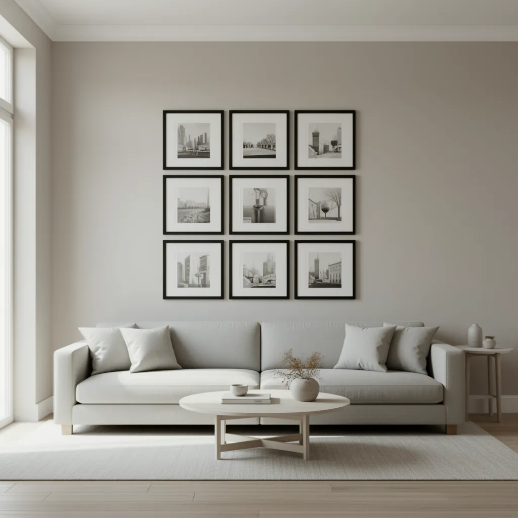 symmetrical grid gallery wall with identical frames above a sofa
