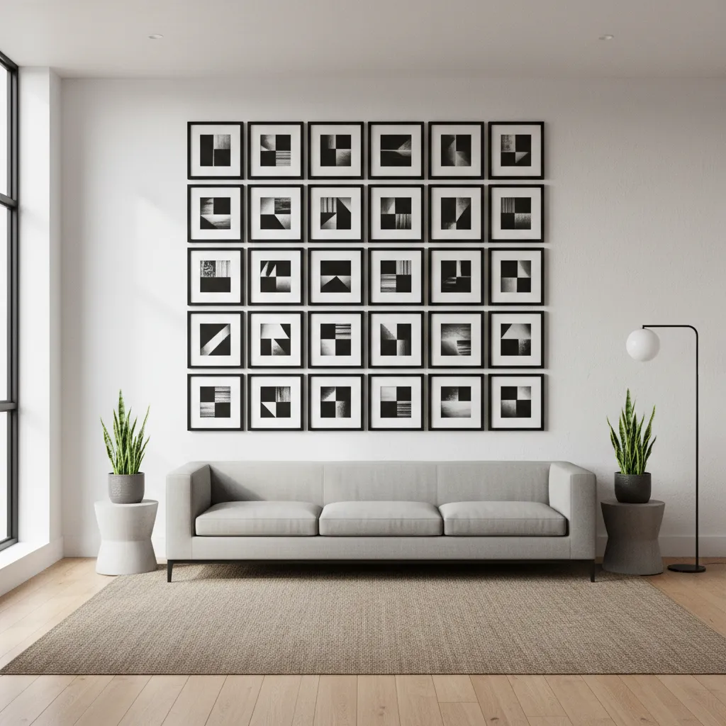 Symmetrical grid gallery wall with evenly spaced identical frames