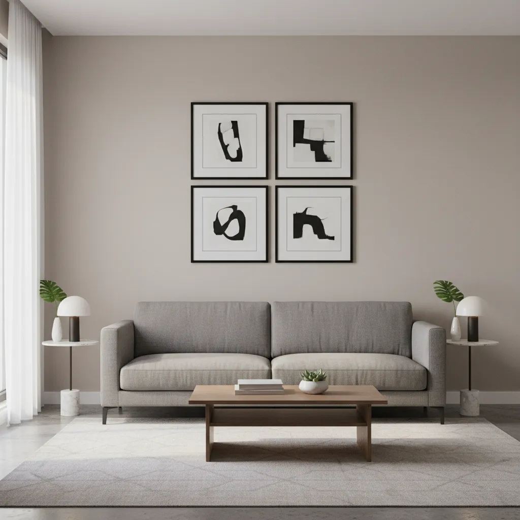 Structured grid gallery wall above sofa in small living room