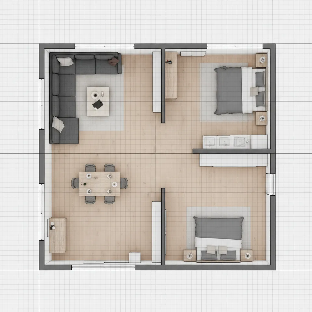 Coohom two dimensional room layout plan with furniture shown on a grey and white grid
