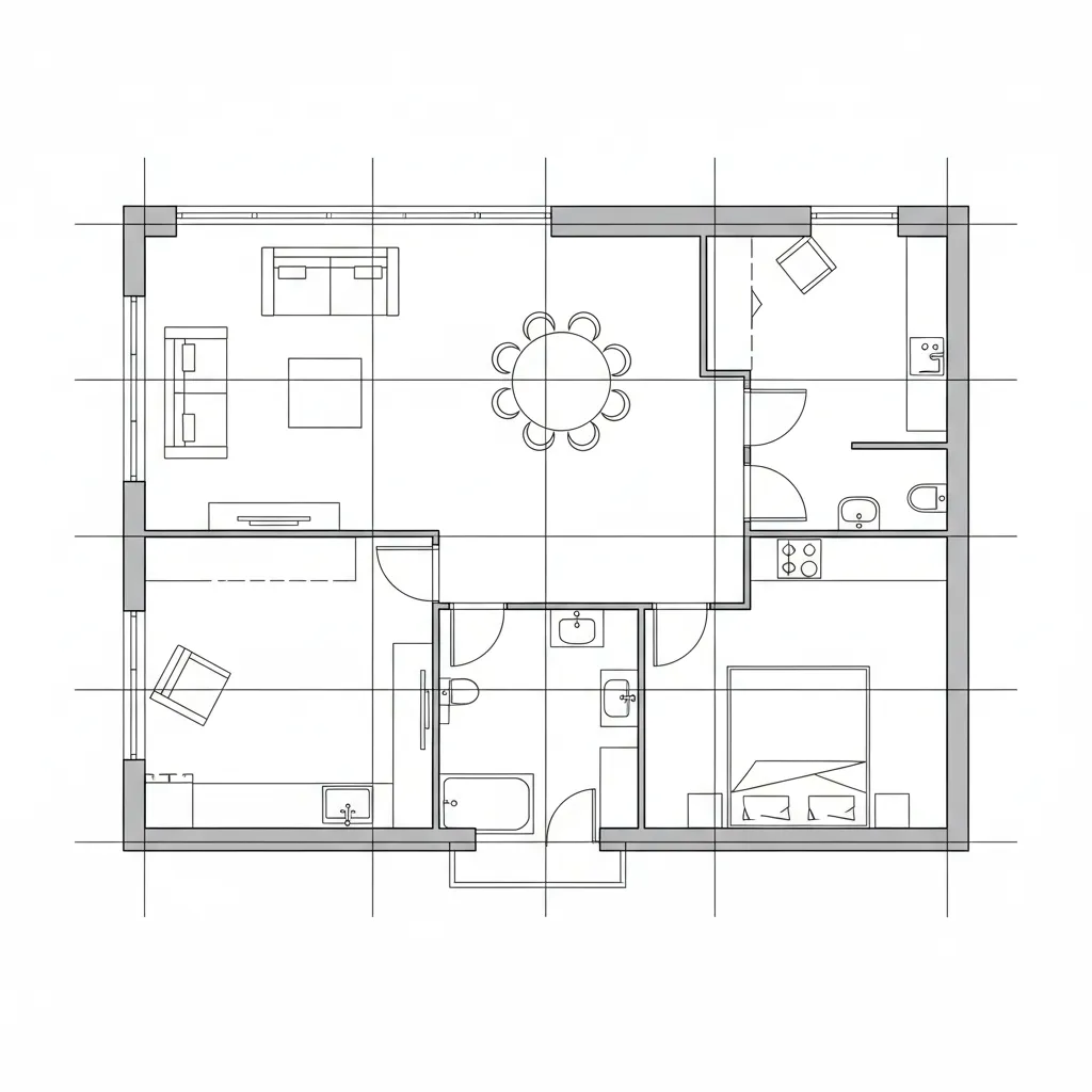 Professional 2D floor plan drawing showing room layout for a small apartment with furniture symbols