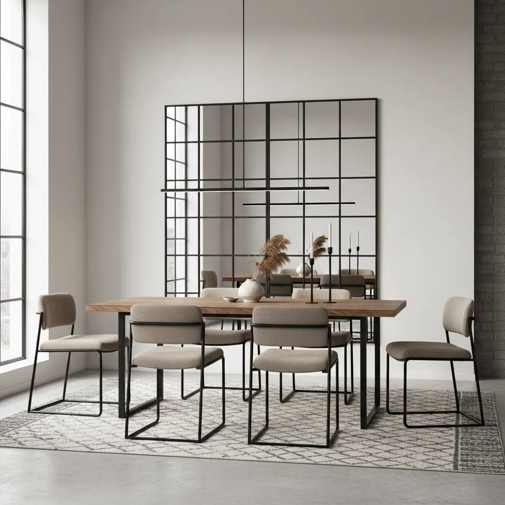 Black metal grid mirror on modern dining room wall