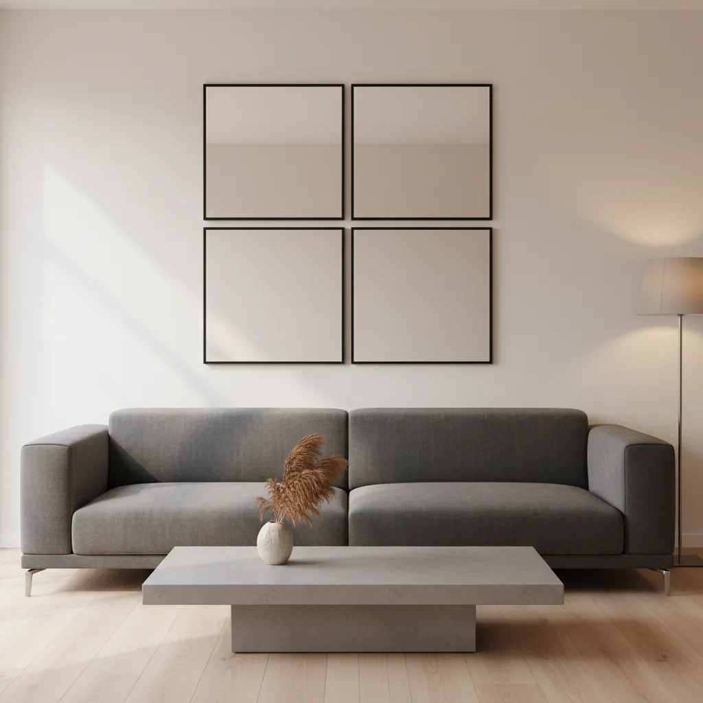 grid mirror arrangement on living room wall with symmetrical square mirrors