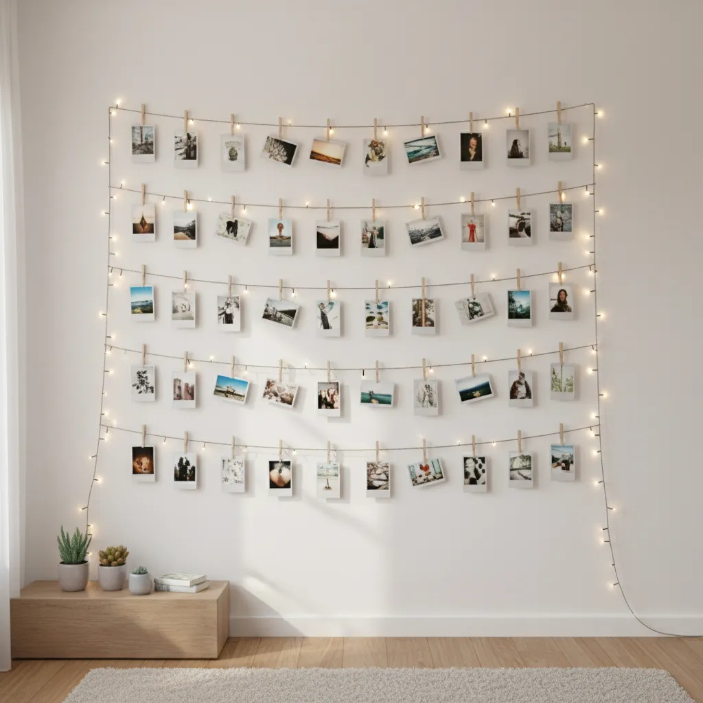 Grid pattern photo wall with evenly spaced string lights