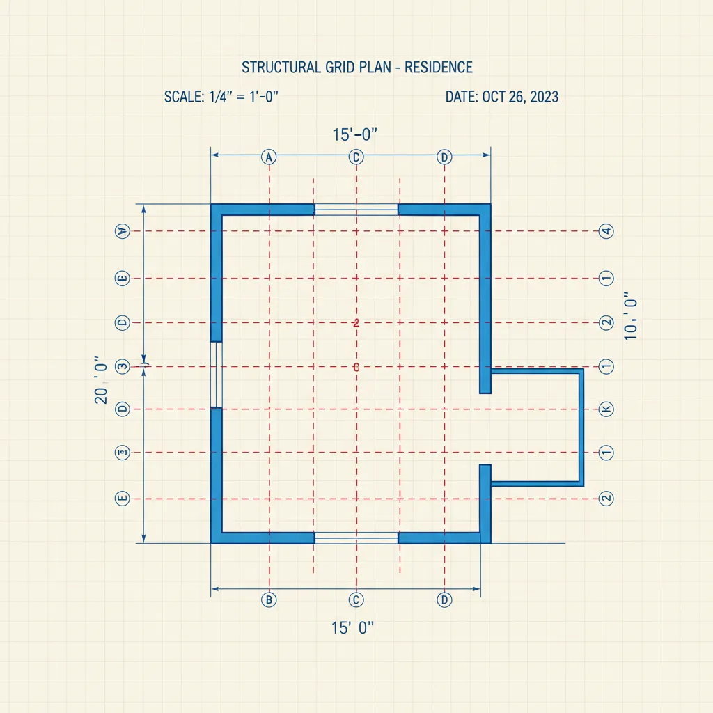Ilustrasi grid struktur dan jalur pondasi rumah sederhana