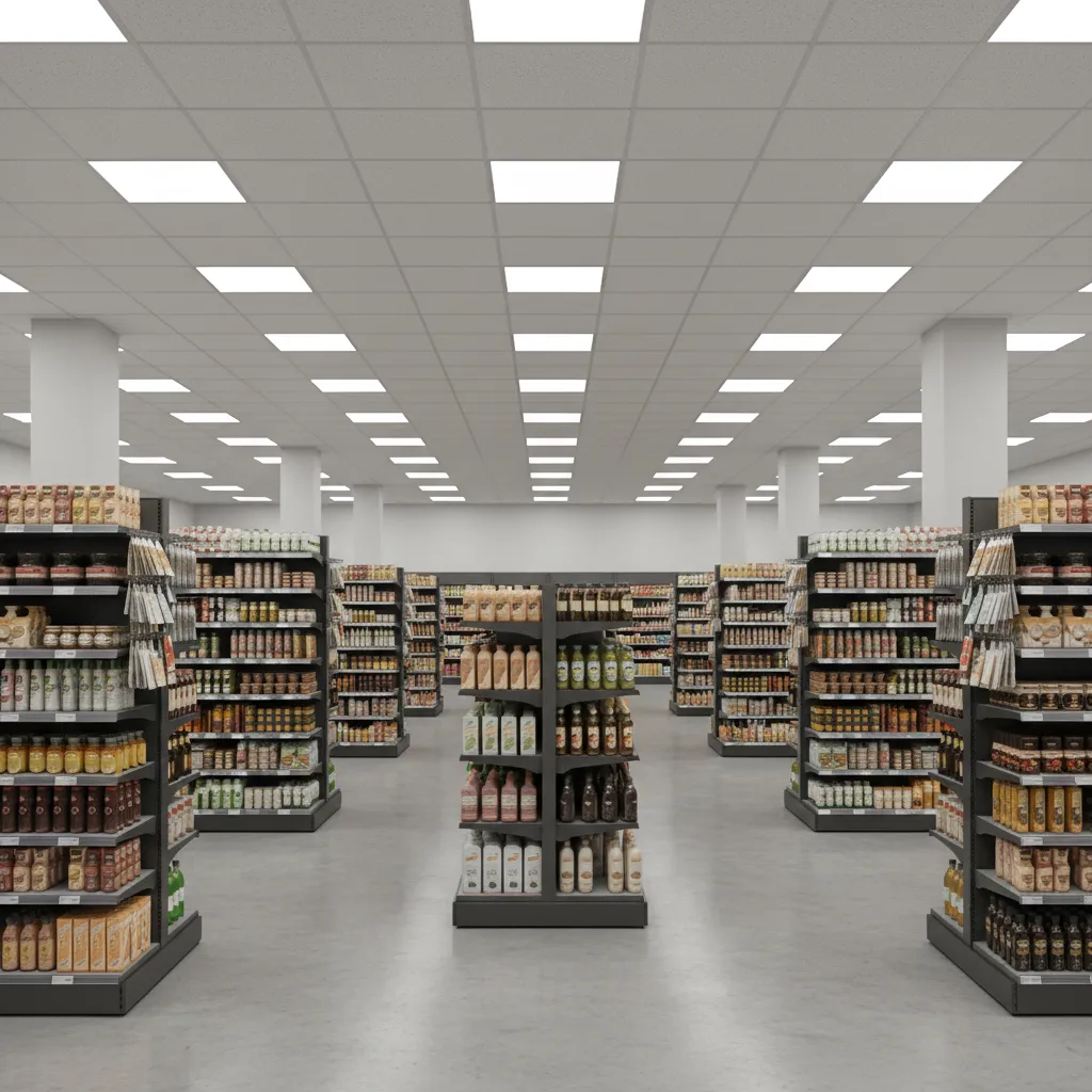 grid retail store layout with parallel aisles and organized shelving