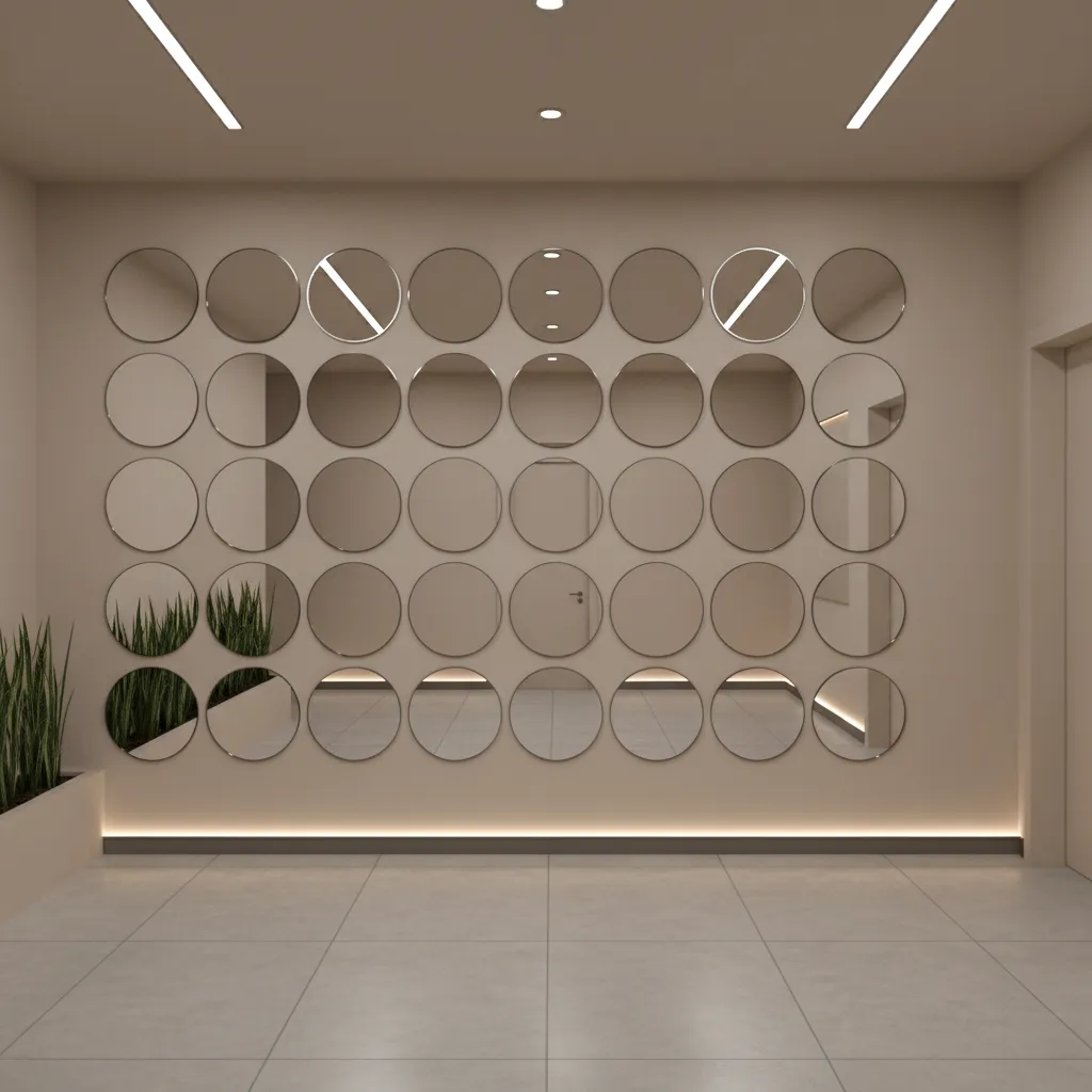 symmetrical grid layout of round mirrors on modern wall