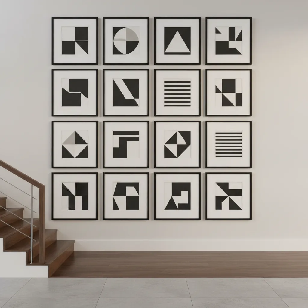 grid layout photo frames arranged on staircase wall