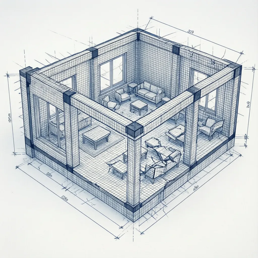Diagram grid struktur rumah kecil 7x9