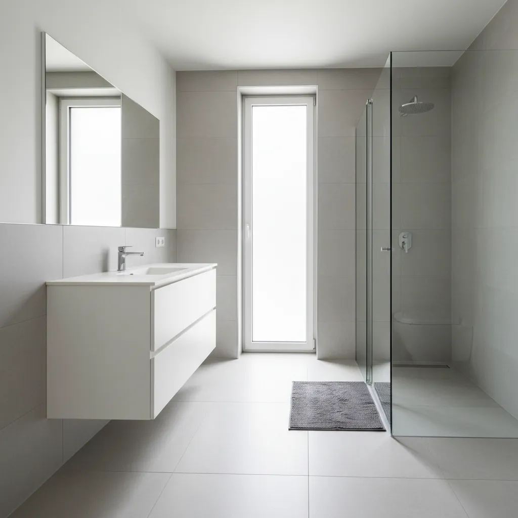Modern minimalist bathroom showing white floating sink cabinet glass shower door and light gray tiles