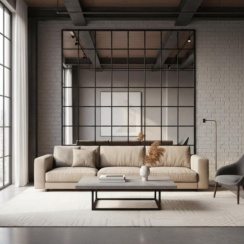 Window style grid mirror creating architectural depth in a living room